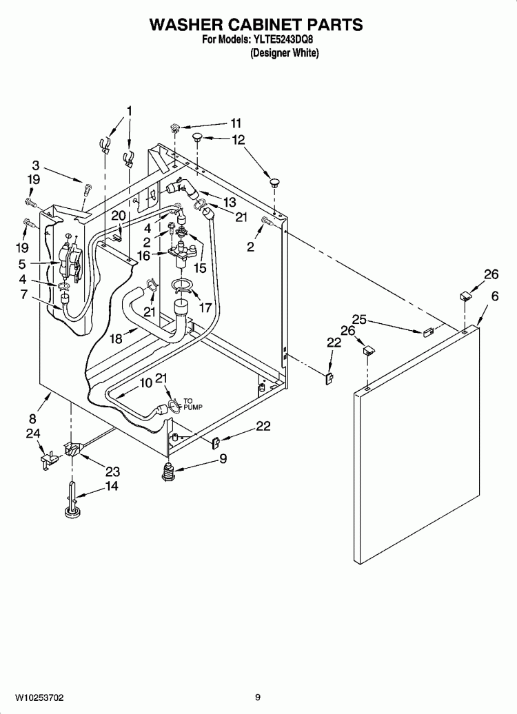 WASHER CABINET PARTS Diagram and Parts List for YLTE5243DQ8  Whirlpool Washer Dryer Combo
