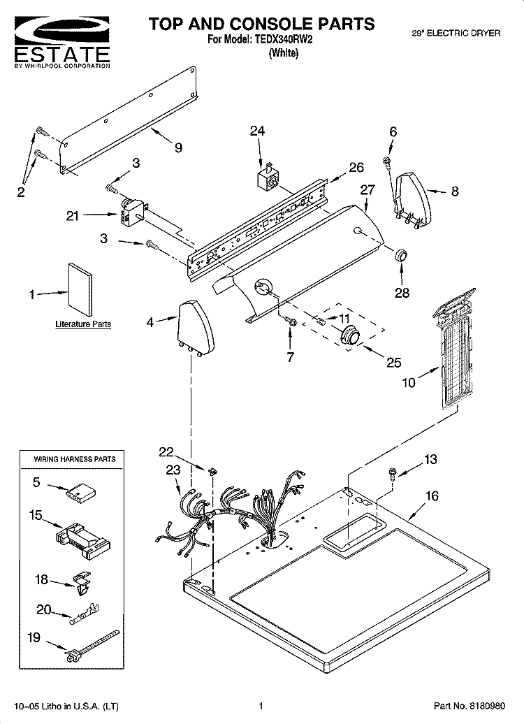 TOP AND CONSOLE PARTS Diagram and Parts List for TEDX340RW2  Estate Dryer
