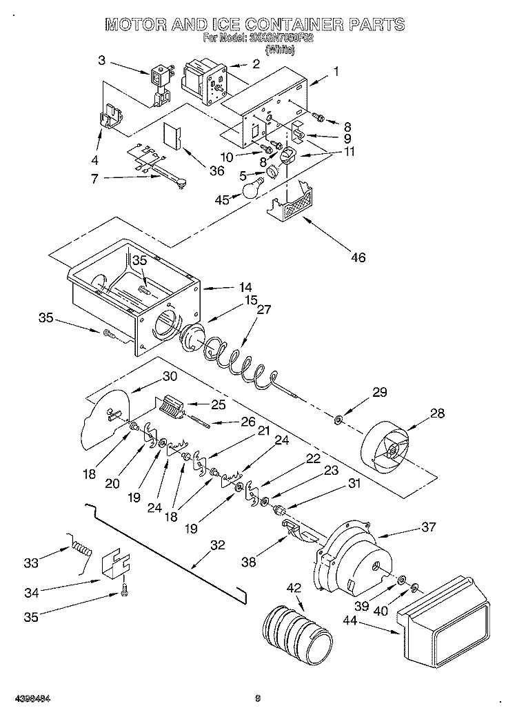 MOTOR AND ICE CONTAINER Diagram and Parts List for 3XKGN7050F02  Whirlpool Refrigerator