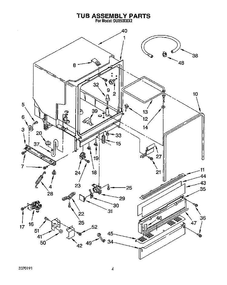 TUB ASSEMBLY Diagram and Parts List for DU8500XX2  Whirlpool Dishwasher