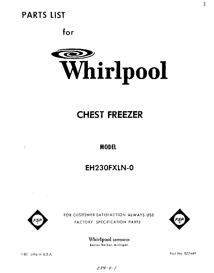 SECTION Diagram and Parts List for EH230FXLN0  Whirlpool Freezer