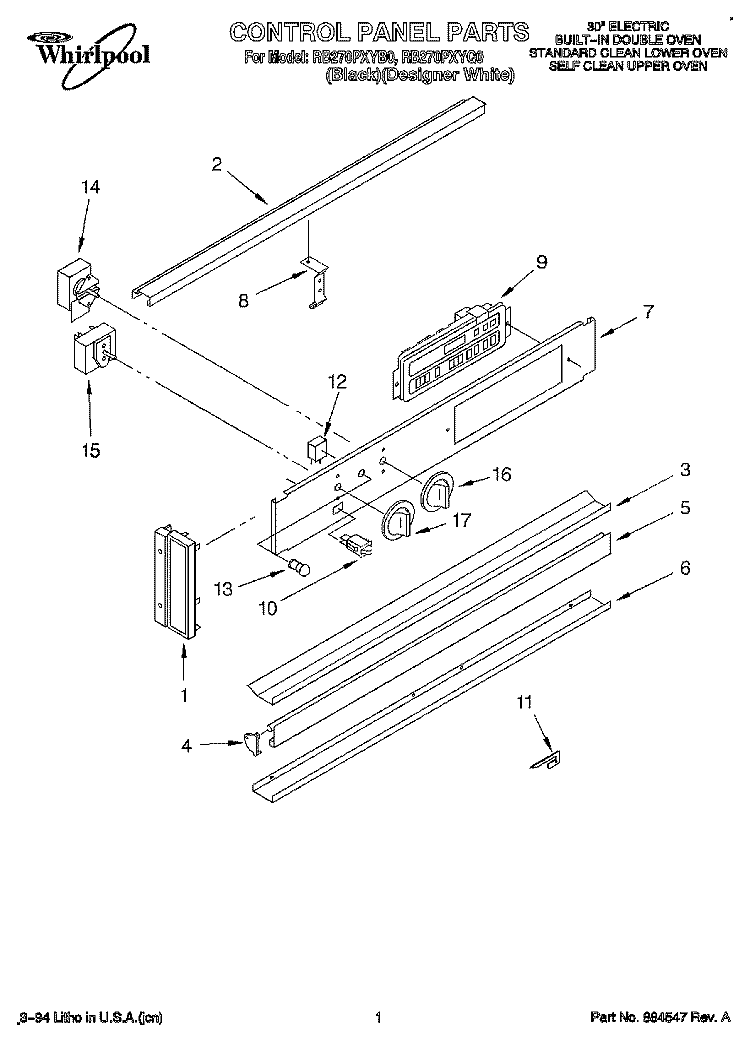CONTROL PANEL, LITERATURE Diagram and Parts List for RB270PXYB0  Whirlpool Wall Oven