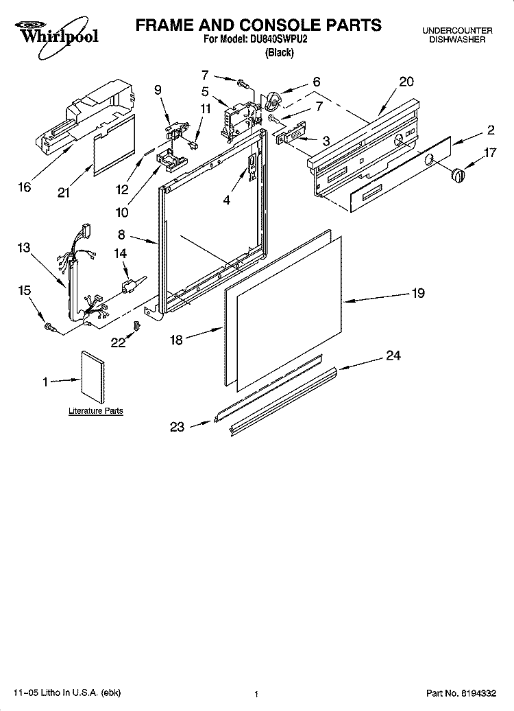 FRAME AND CONSOLE PARTS Diagram and Parts List for DU840SWPU2  Whirlpool Dishwasher