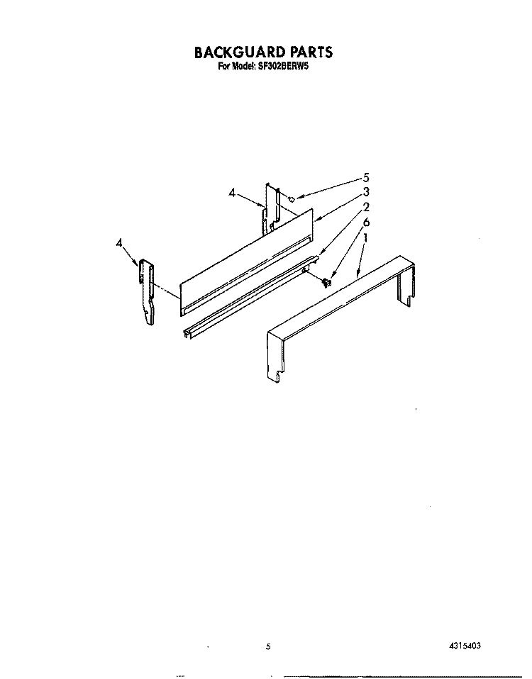 BACKGUARD Diagram and Parts List for SF302BERW5  Whirlpool Range