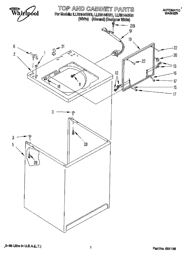 TOP AND CABINET, LIT/OPTIONAL Diagram and Parts List for LLR6144BW1  Whirlpool Washer