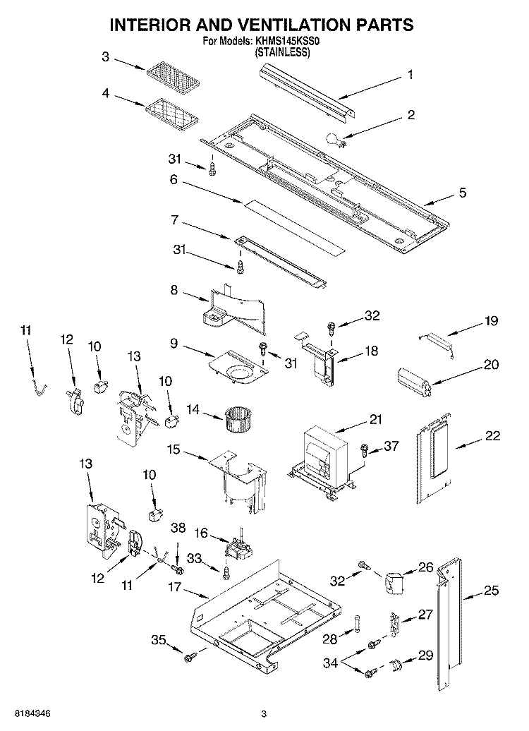 INTERIOR AND VENTILATION Diagram and Parts List for KHMS145KSS0  KitchenAid Microwave