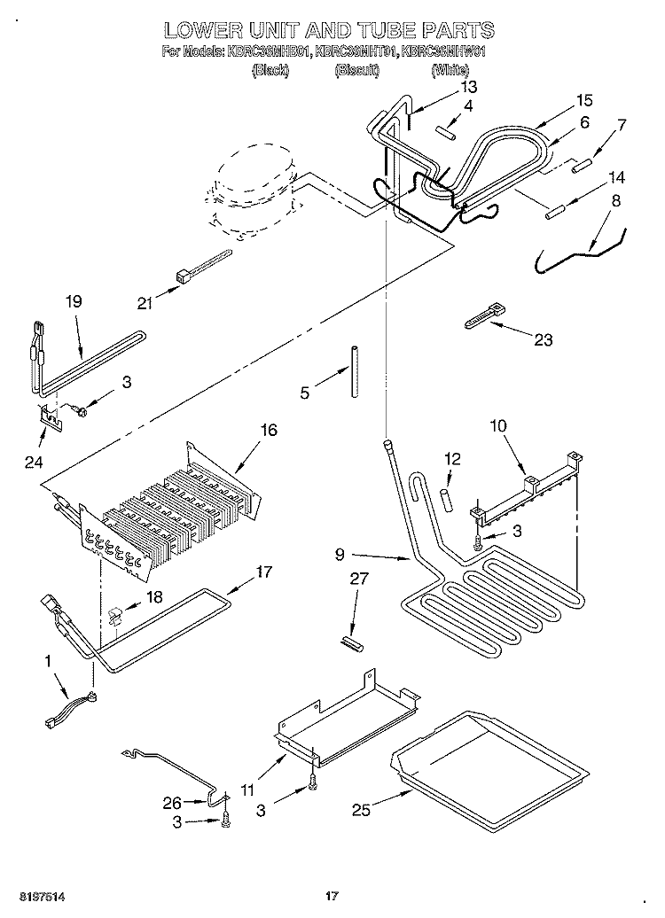 LOWER UNIT AND TUBE Diagram and Parts List for KBRC36MHT01  KitchenAid Refrigerator