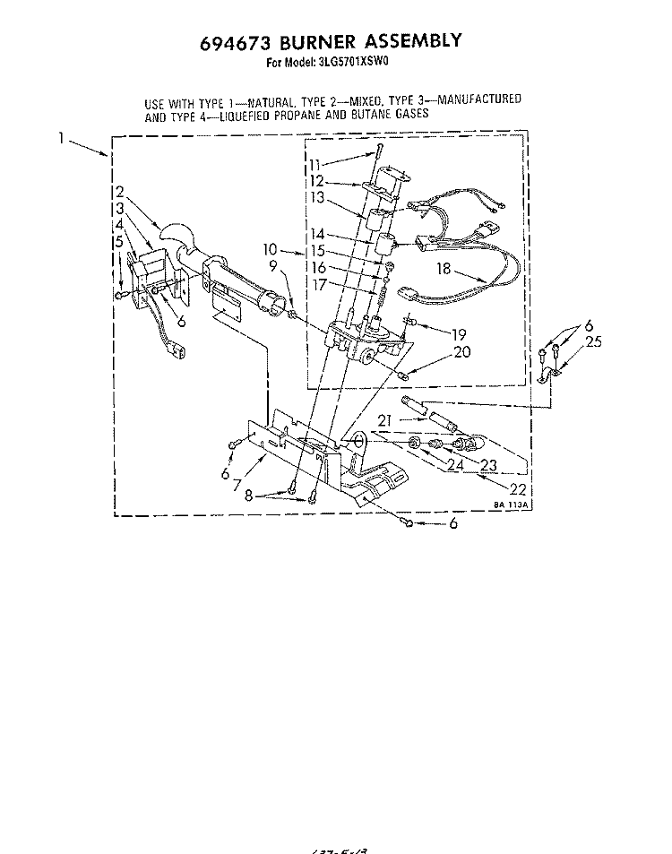 694673 BURNER Diagram and Parts List for 3LG5701XSW0  Whirlpool Dryer