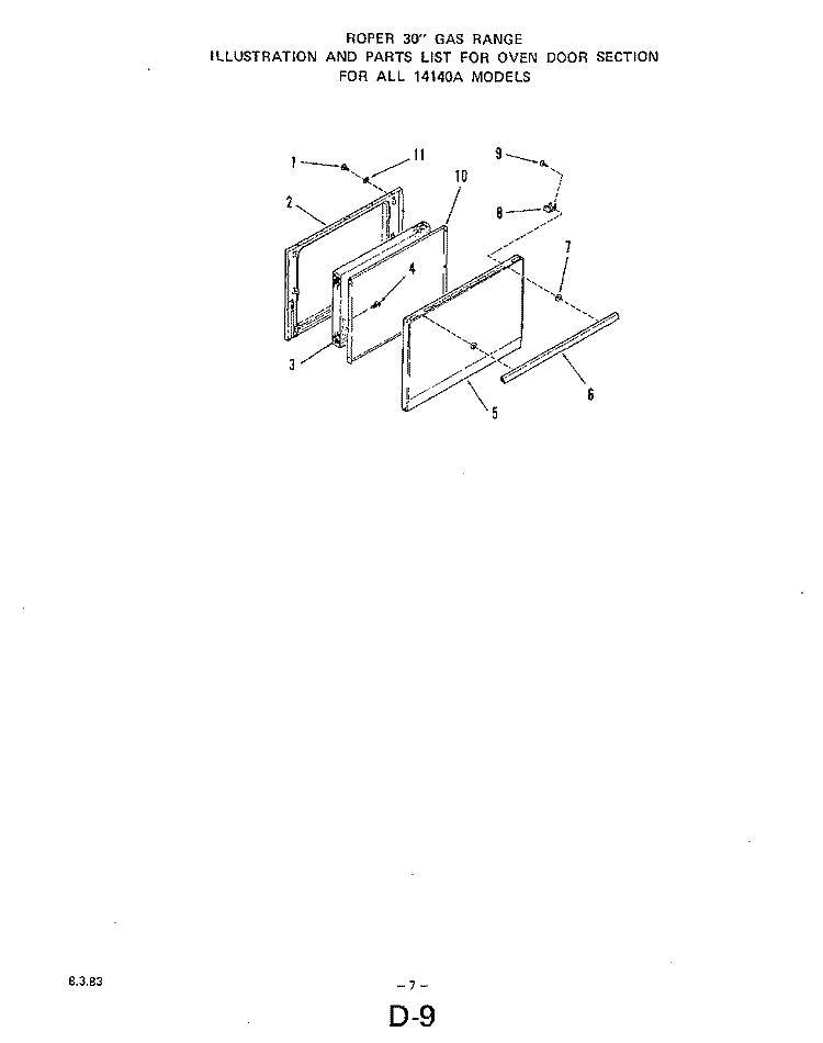 OVEN DOOR Diagram and Parts List for 1414W0A  Roper Range