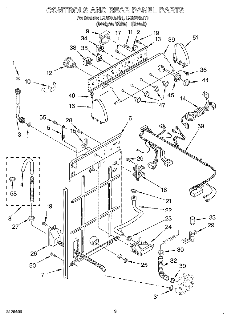 CONTROLS AND REAR PANEL Diagram and Parts List for LXR9445JQ1  Whirlpool Washer
