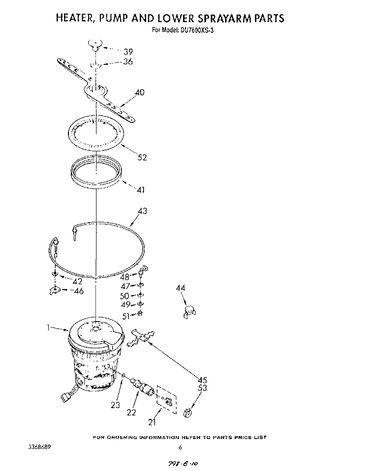 HEATER, PUMP, AND LOWER SPRAY ARM Diagram and Parts List for DU7600XS3  Whirlpool Dishwasher
