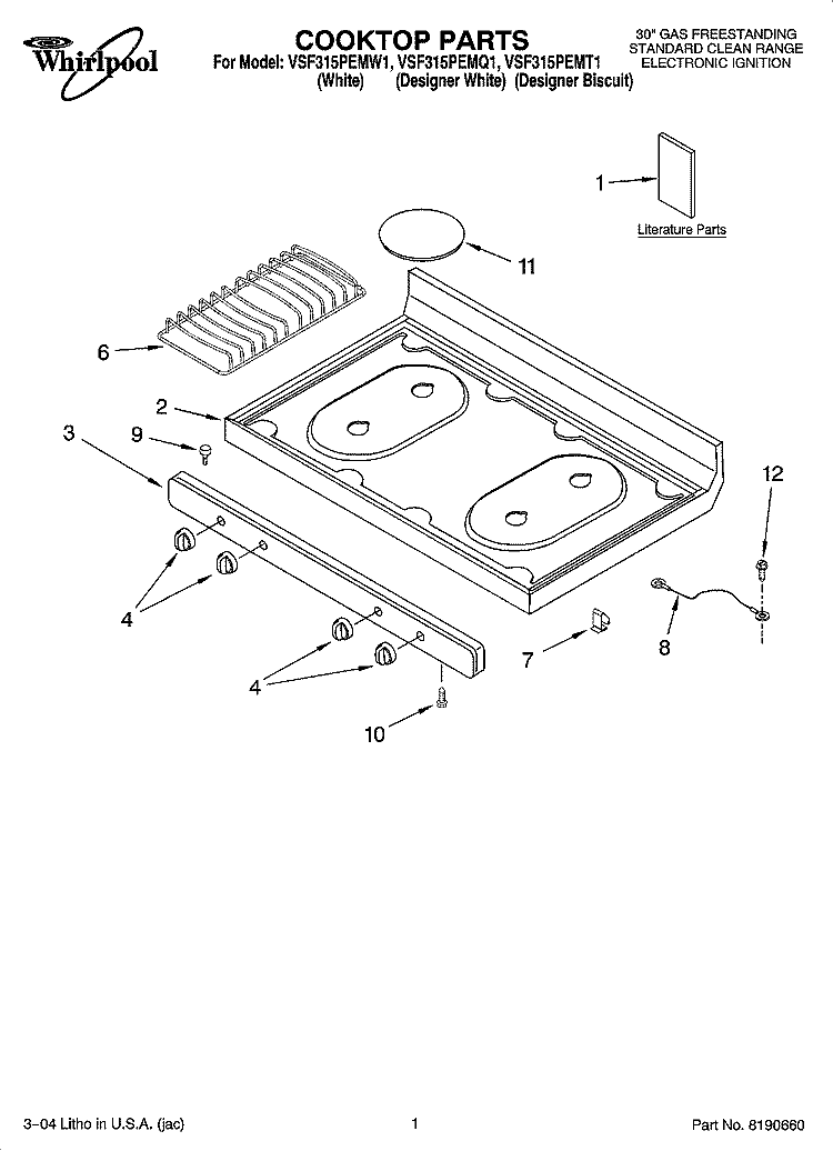 COOKTOP PARTS Diagram and Parts List for VSF315PEMQ1  Whirlpool Range