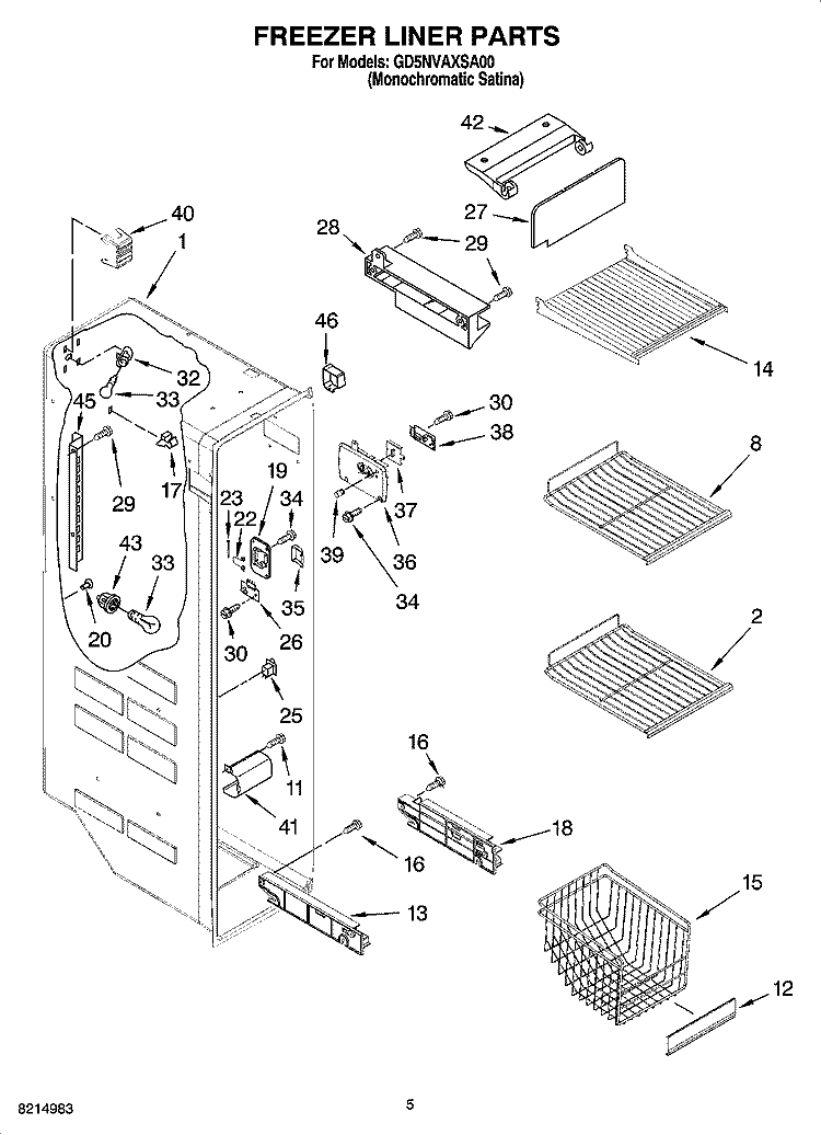 FREEZER LINER PARTS Diagram and Parts List for GD5NVAXSA00  Whirlpool Refrigerator