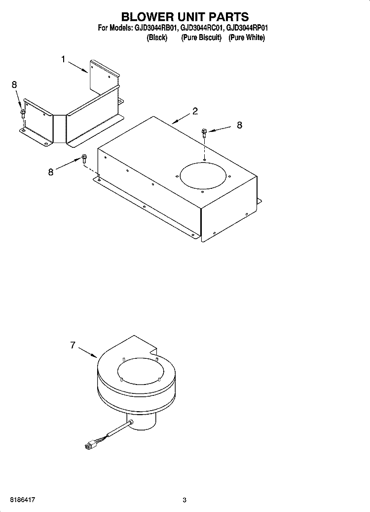 BLOWER UNIT PARTS, OPTIONAL PARTS Diagram and Parts List for GJD3044RB01  Whirlpool Cooktop