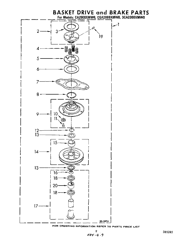 BASKET DRIVE AND BRAKE Diagram and Parts List for 3CA2000XMW0  Whirlpool Washer