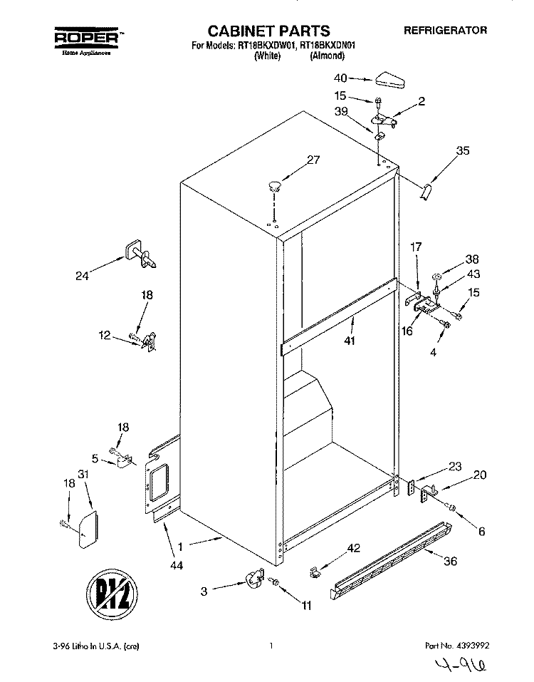 CABINET Diagram and Parts List for RT18BKXDW01  Roper Refrigerator