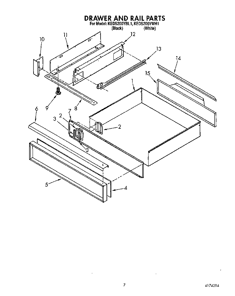 DRAWER & RAIL Diagram and Parts List for KEDS200YBL1  KitchenAid Range