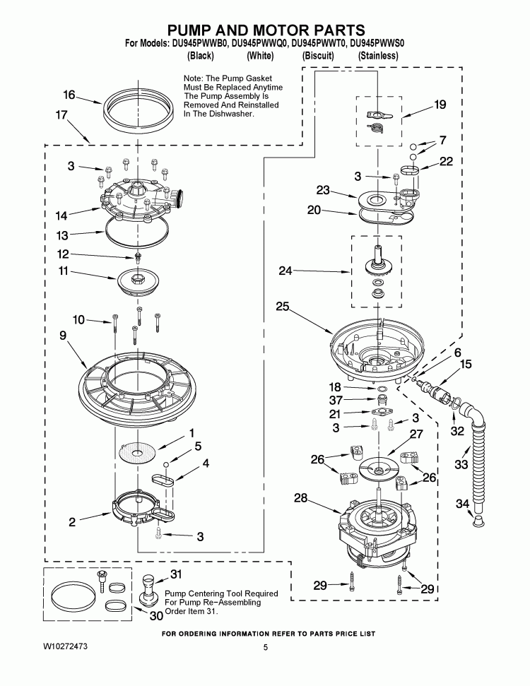 PUMP AND MOTOR PARTS Diagram and Parts List for DU945PWWQ0  Whirlpool Dishwasher