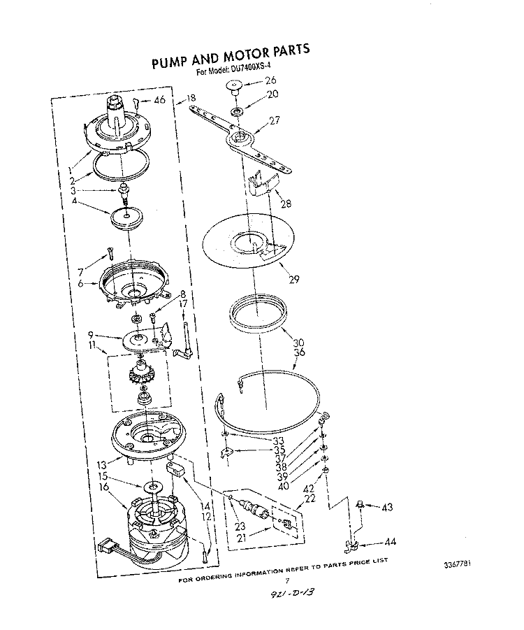 PUMP AND MOTOR Diagram and Parts List for DU7400XS4  Whirlpool Dishwasher