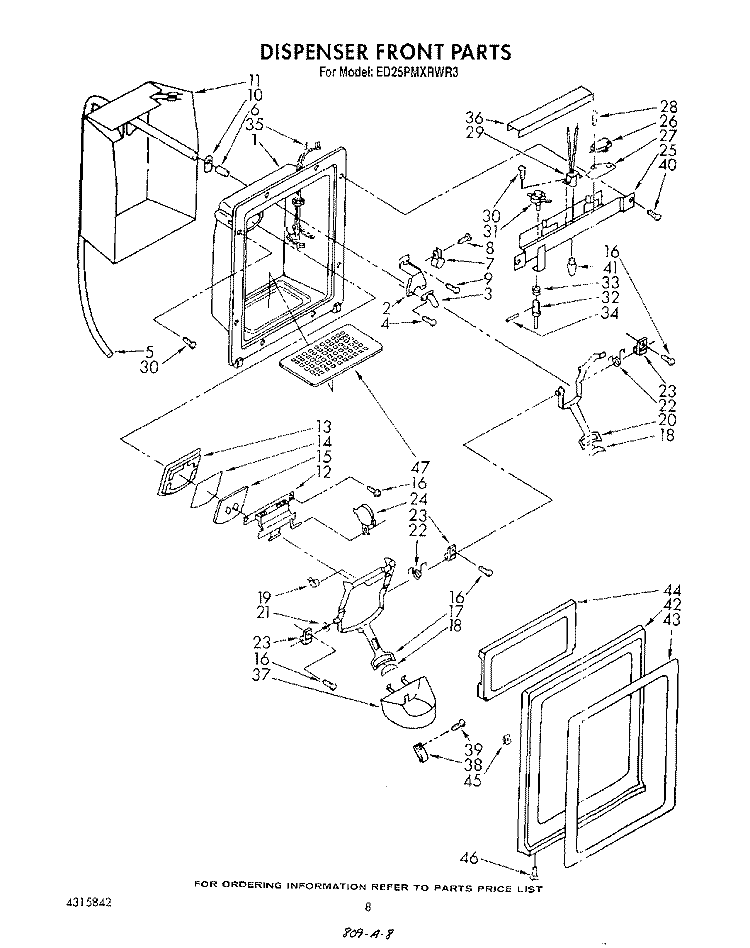 DISPENSER FRONT Diagram and Parts List for ED25PMXRWR3  Whirlpool Refrigerator