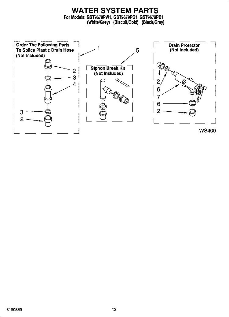 WATER SYSTEM PARTS, MISCELLANEOUS PARTS, OPTIONAL PARTS (NOT INCLUDED) Diagram and Parts List for GST9679PW1  Whirlpool Washer