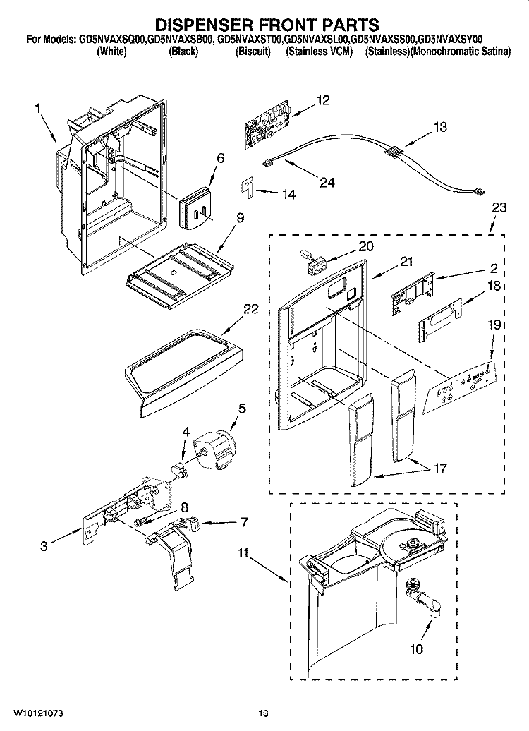 DISPENSER FRONT PARTS Diagram and Parts List for GD5NVAXSS00  Whirlpool Refrigerator