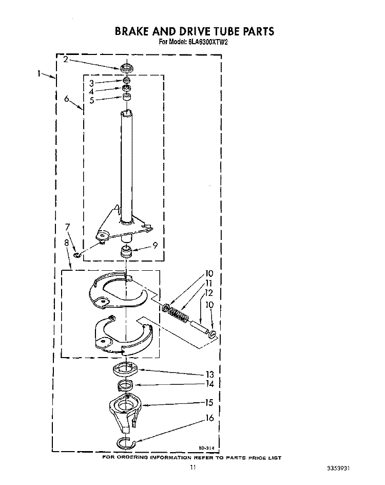 BRAKE AND DRIVE TUBE Diagram and Parts List for 6LA6300XTW2  Whirlpool Washer