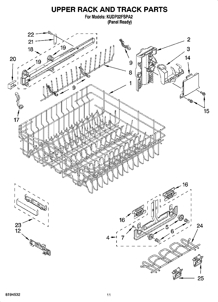 UPPER RACK AND TRACK PARTS Diagram and Parts List for KUDP02FSPA2  KitchenAid Dishwasher