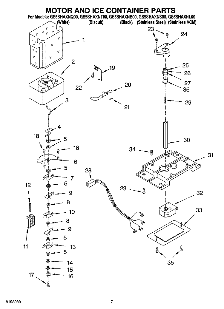 MOTOR AND ICE CONTAINER PARTS Diagram and Parts List for GS5SHAXNQ00  Whirlpool Refrigerator