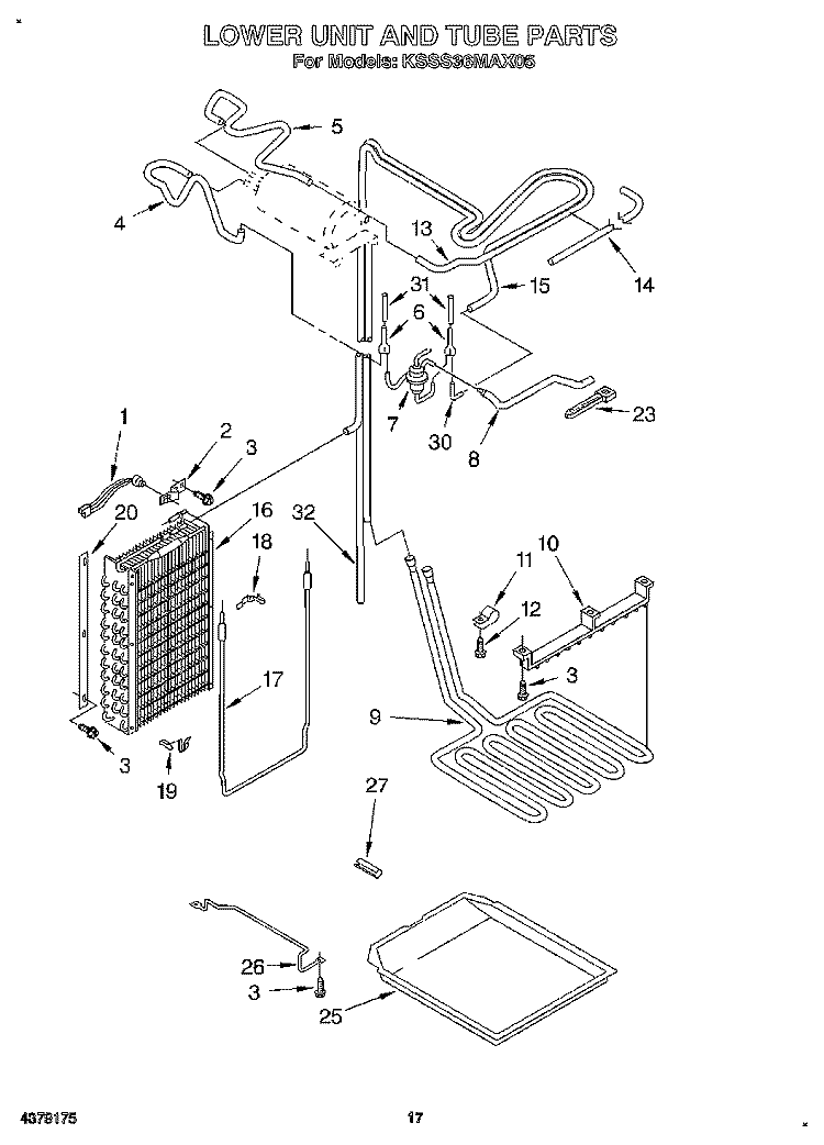 LOWER UNIT AND TUBE Diagram and Parts List for KSSS36MAX05  KitchenAid Refrigerator