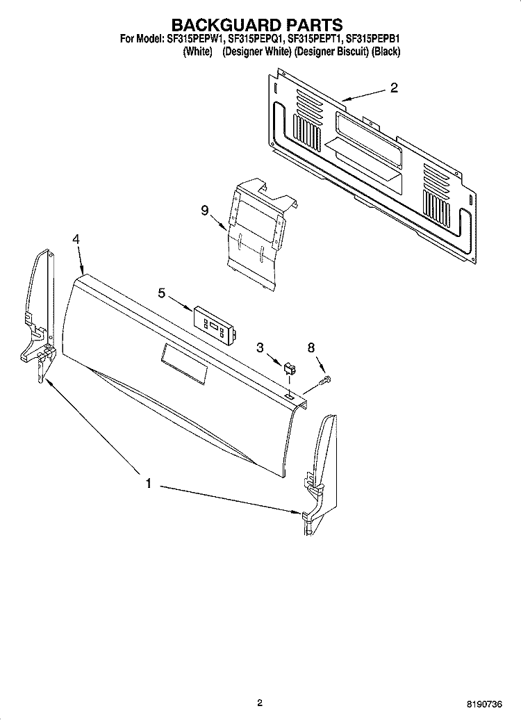 BACKGUARD PARTS Diagram and Parts List for SF315PEPW1  Whirlpool Range