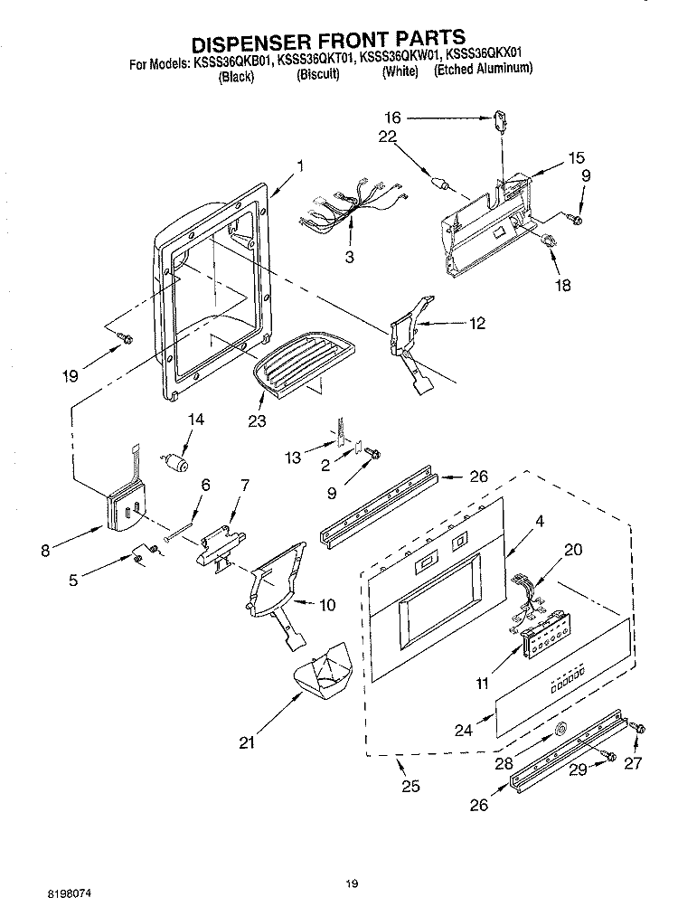 DISPENSER FRONT Diagram and Parts List for KSSS36QKT01  KitchenAid Refrigerator