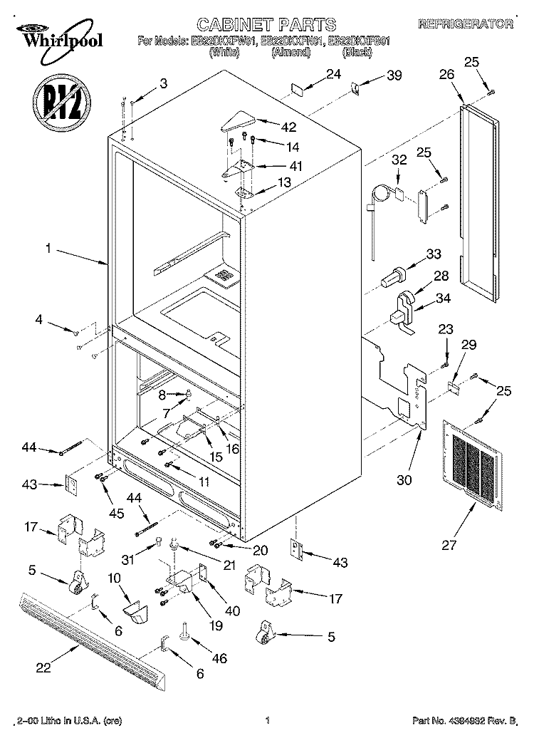 CABINET Diagram and Parts List for EB22DKXFN01  Whirlpool Refrigerator