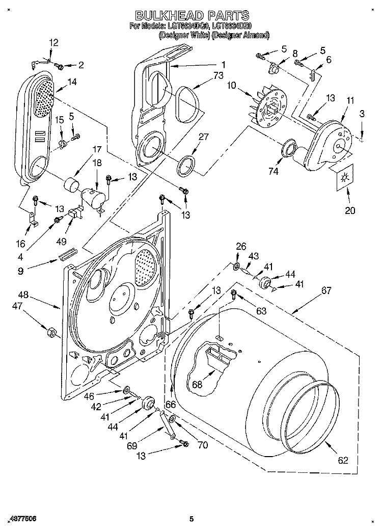BULKHEAD Diagram and Parts List for LGT6634DZ0  Whirlpool Dryer