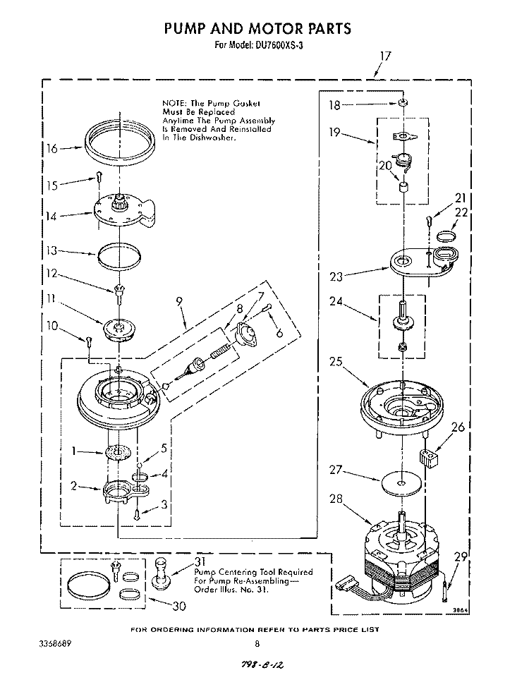 PUMP AND MOTOR Diagram and Parts List for DU7600XS3  Whirlpool Dishwasher