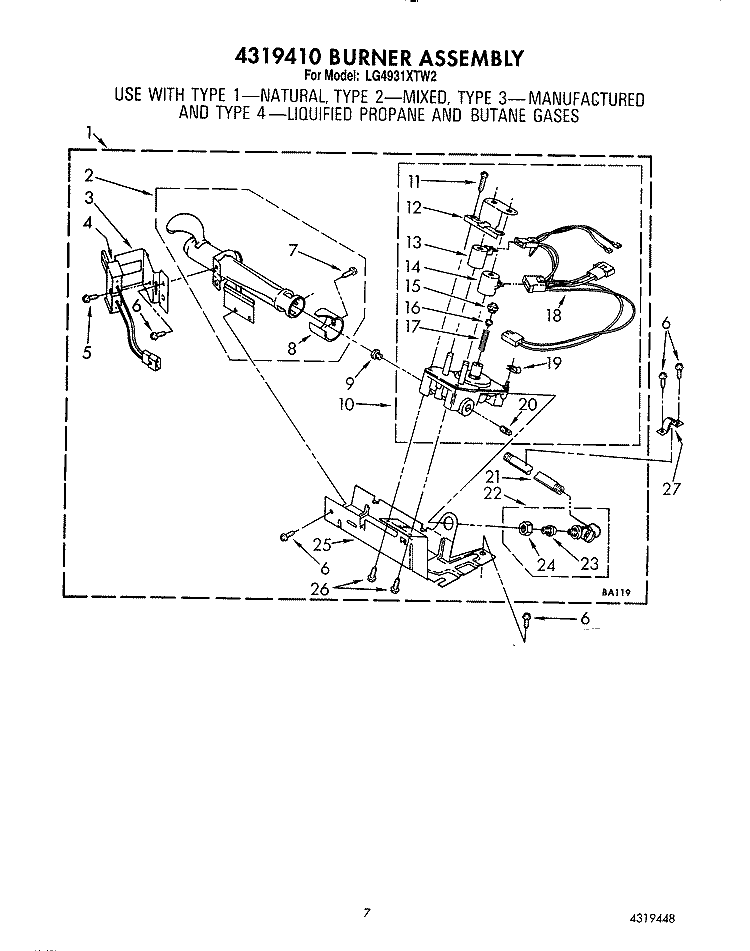4319410 BURNER Diagram and Parts List for LG4931XTW2  Whirlpool Dryer