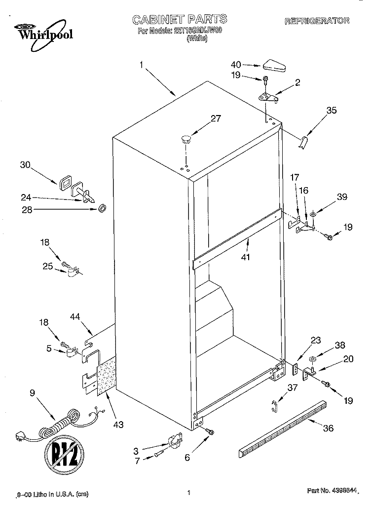 CABINET Diagram and Parts List for 2ET18GMXJW00  Whirlpool Refrigerator
