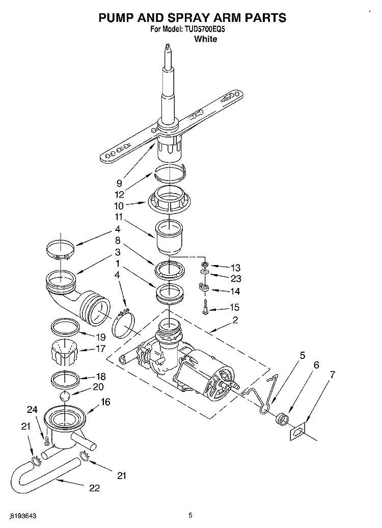 PUMP AND SPRAYARM Diagram and Parts List for TUD5700EQ5  Estate Dishwasher