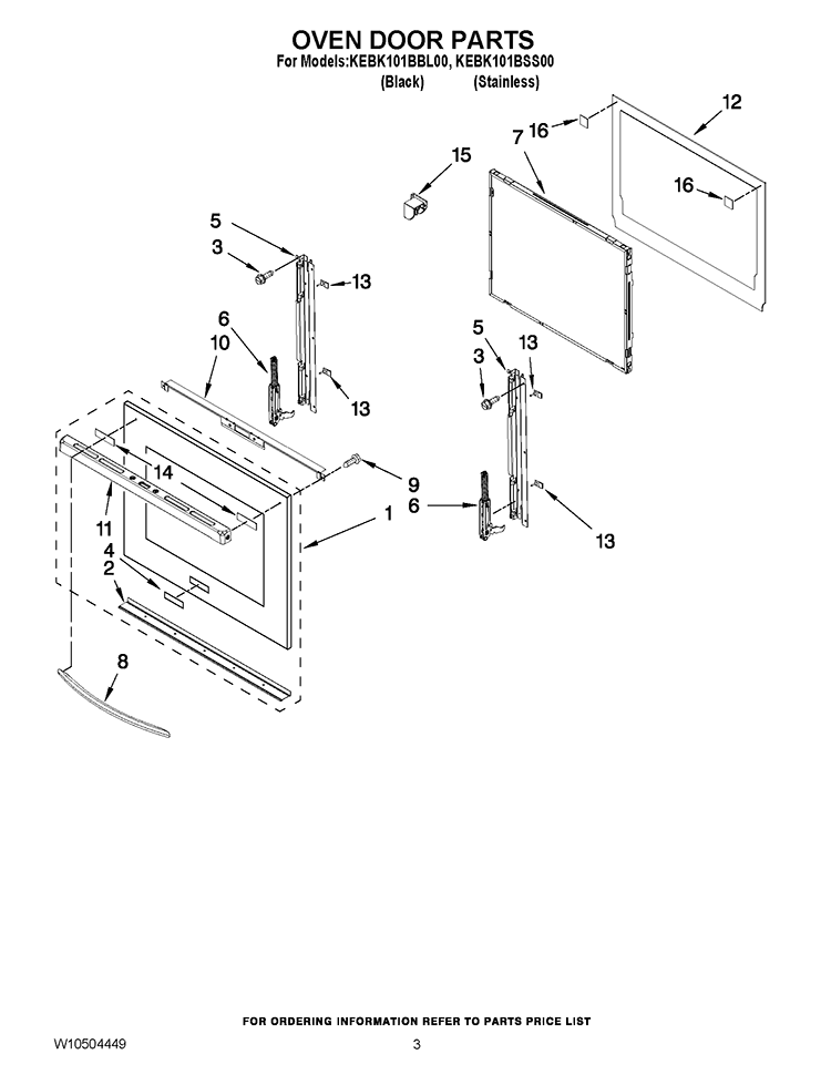 OVEN DOOR PARTS Diagram and Parts List for KEBK101BBL00  KitchenAid Wall Oven