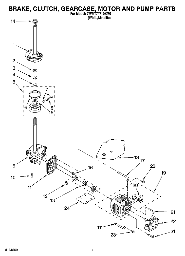 BRAKE, CLUTCH, GEARCASE, MOTOR AND PUMP PARTS Diagram and Parts List for 7MWT74710SM0  Whirlpool Washer