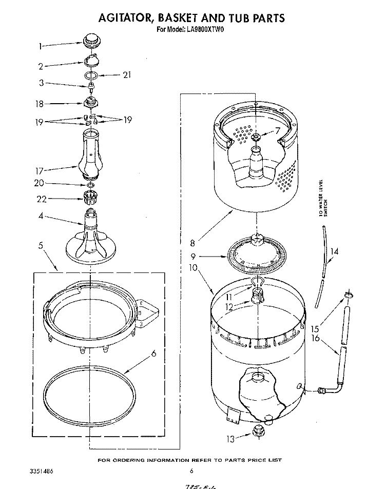 AGITATOR, BASKET AND TUB Diagram and Parts List for LA9800XTN0  Whirlpool Washer