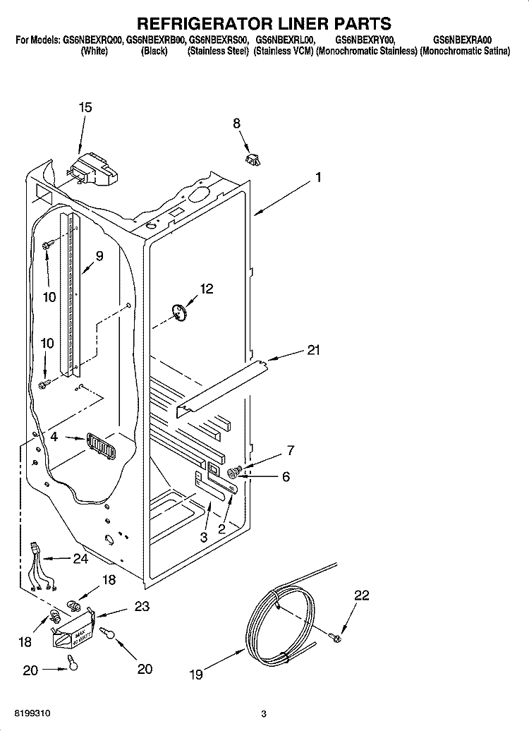 REFRIGERATOR LINER PARTS Diagram and Parts List for GS6NBEXRY00  Whirlpool Refrigerator