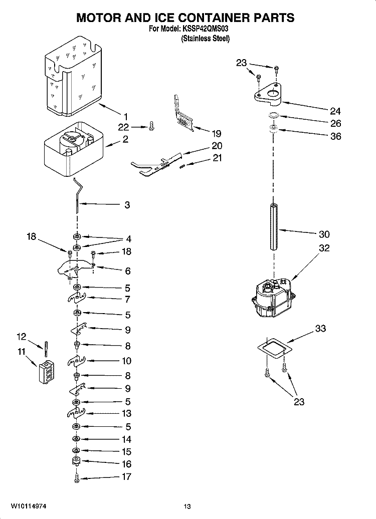 MOTOR AND ICE CONTAINER PARTS Diagram and Parts List for KSSP42QMS03  KitchenAid Refrigerator