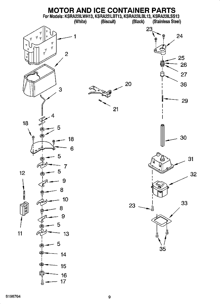MOTOR AND ICE CONTAINER PARTS Diagram and Parts List for KSRA22ILBL13  KitchenAid Refrigerator
