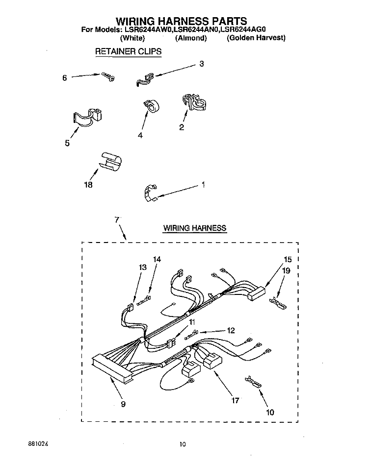 WIRING HARNESS Diagram and Parts List for LSR6244AN0  Whirlpool Washer