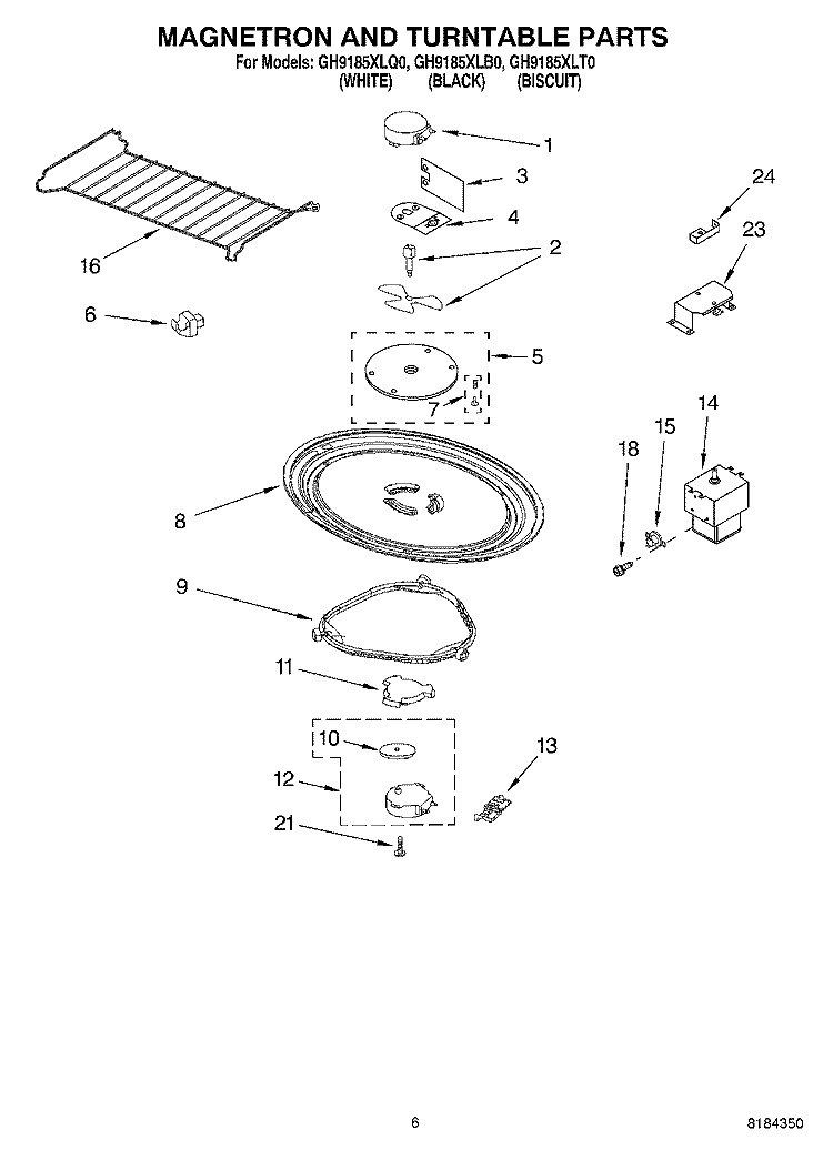MAGNETRON AND TURNTABLE Diagram and Parts List for GH9185XLB0  Whirlpool Microwave