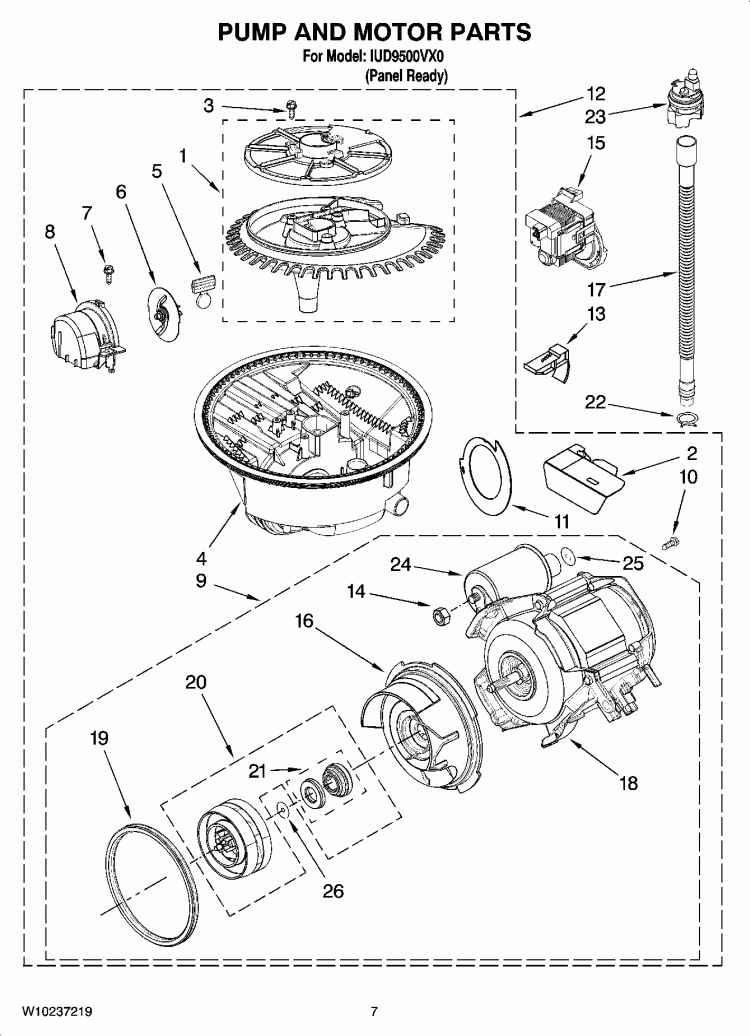 PUMP AND MOTOR PARTS Diagram and Parts List for IUD9500VX0  Whirlpool Dishwasher