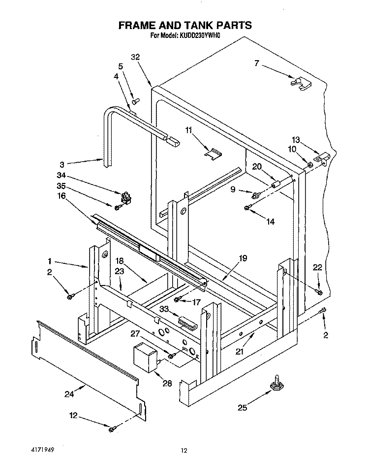 FRAME AND TANK Diagram and Parts List for KUDD230YWH0  KitchenAid Dishwasher