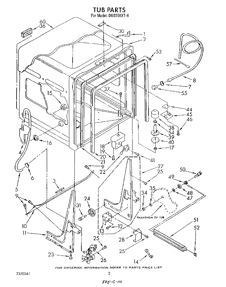 TUB , LITERATURE AND OPTIONAL Diagram and Parts List for DU8550XT4  Whirlpool Dishwasher