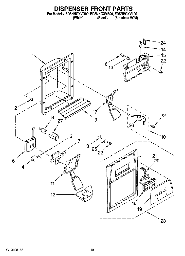 DISPENSER FRONT PARTS Diagram and Parts List for ED5NHGXVQ00  Whirlpool Refrigerator